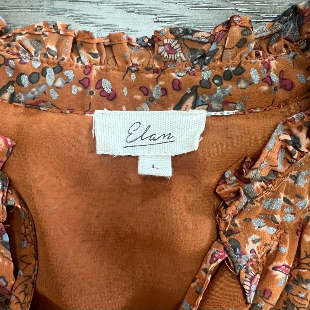 Elan Rust Floral Ruffle-Trim Long Sleeve Blouse size Large - Picture 2 of 7